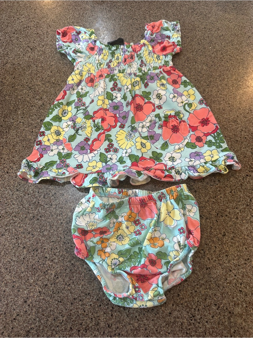 Faded Glory Floral Dress & Bloomers Set - Coral, Yellow, Lavender, Green